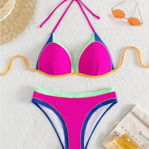 Womens Colorblock Contrast Binding Push Up Halter Bra & Bikini bottom Bikini Set - Picture 5 of 5